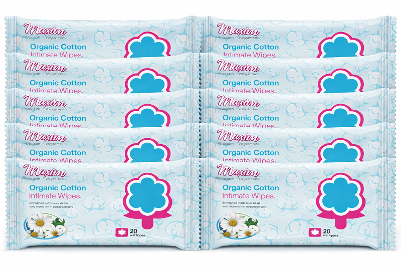 Bulk pack of Maxim Organic Cotton Intimate Wipes multiple 20-count wet wipe packs shown together, enriched with olive oil and chamomile extract.