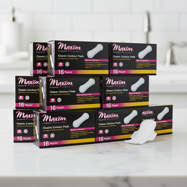 Stack of Maxim Hygiene ‘Classic Contour Pads’ boxes (16 Regular) arranged on a bathroom countertop, with one white pad displayed in the foreground.