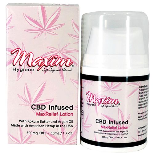 Maxim Hygiene CBD Infused MaxRelief Lotion box packaging in pink with hemp leaf pattern, 500mg CBD, 50ml/1.7oz, with kokum butter and argan oil, made with American hemp in the USA.