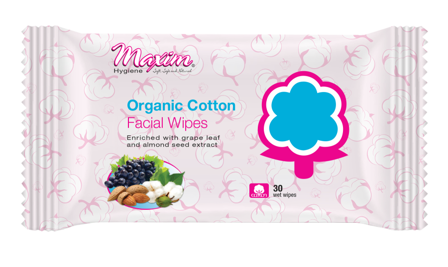 Pack of Maxim 100% Organic Cotton Facial Wipes (30 wipes), white packaging with blue cotton icon and an image of grapes and nuts on the front.