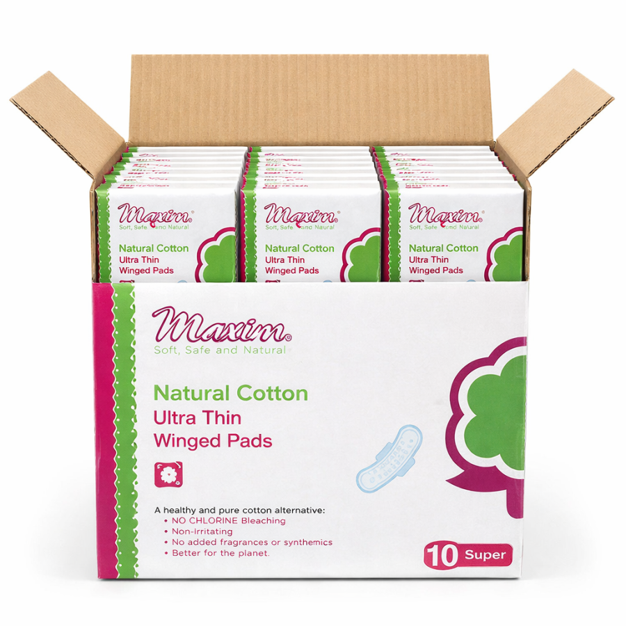 Maxim Hygiene Natural Cotton Ultra Thin Winged Pads (10 Super) box featuring chlorine-free, non-irritating, fragrance-free cotton pad design on clean white packaging.