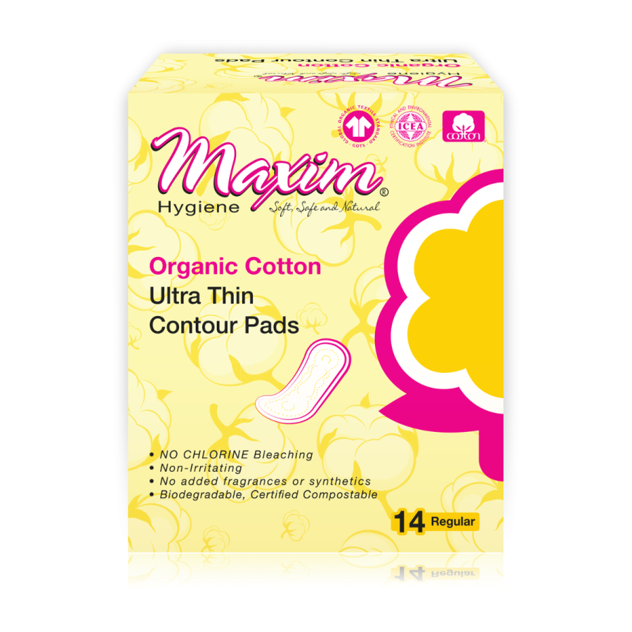 Front view of Maxim Hygiene organic cotton ultra thin contour pads box in yellow packaging, highlighting chlorine-free, non-irritating, fragrance-free claims and “14 regular” count.
