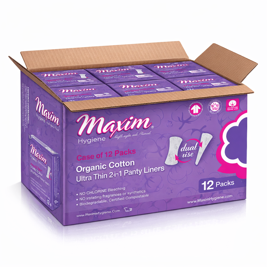 Purple Maxim Hygiene box labeled “Organic Cotton Ultra Thin 2-in-1 Panty Liners” with a “dual use” icon and “35 Lite,” shown at an angle on a white background with the barcode visible on the side.