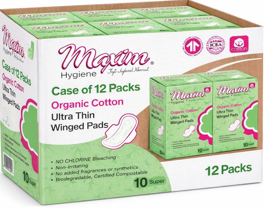 Maxim® 100% Certified Organic Cotton Ultra Thin Winged Sanitary Pads, Nighttime/Super, 120 Count, Case of 12 Packs