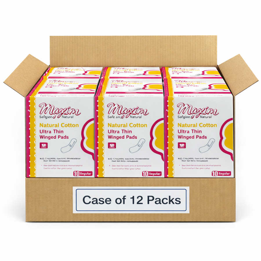 Maxim® Natural Cotton Ultra Thin Winged Sanitary Pads, Daytime/Regular, 120 Count, Case of 12 Packs
