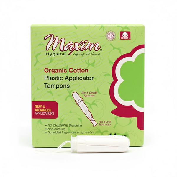 Maxim Hygiene organic cotton plastic applicator tampons in green box packaging with “new & advanced applicators,” chlorine-free and non-irritating, shown with a tampon in front for fragrance-free period protection.