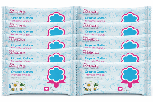 Bulk pack of Maxim Organic Cotton Intimate Wipes multiple 20-count wet wipe packs shown together, enriched with olive oil and chamomile extract.