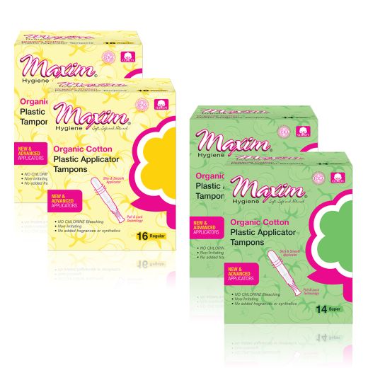 Maxim organic cotton plastic applicator tampons packaging in regular (16) and super (14), featuring new advanced pull-and-lock applicators, chlorine-free and fragrance-free period protection.