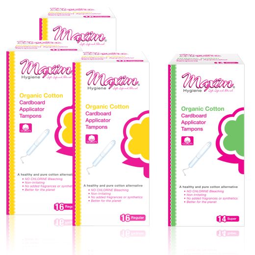 Maxim Hygiene organic cotton cardboard applicator tampons in regular and super absorbency boxes, chlorine-free and fragrance-free for gentle period protection.