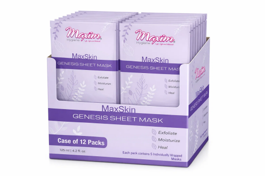 Purple countertop display case holding multiple Maxim MaxSkin Genesis Sheet Mask packs; front reads ‘Case of 12 Packs’ and lists benefits: Exfoliate, Moisturize, Heal.