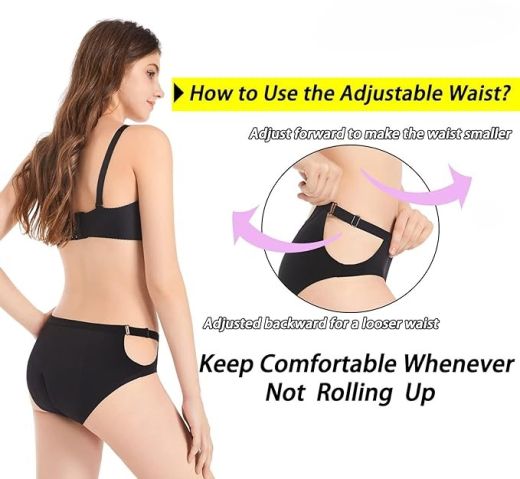 Instructional graphic on a white background showing a model wearing black high-waisted period underwear with side cutouts and an adjustable strap/buckle at the waist. A yellow headline reads ‘How to Use the Adjustable Waist?’ A circular inset zooms in on