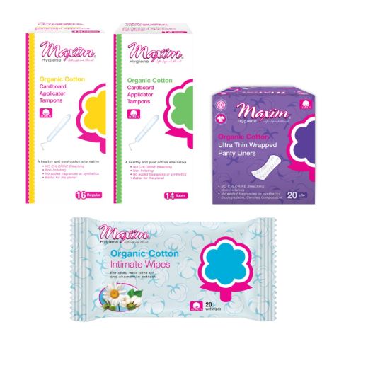 Organic Cotton Cardboard Applicator Tampons, Liners, Wipes, Combo