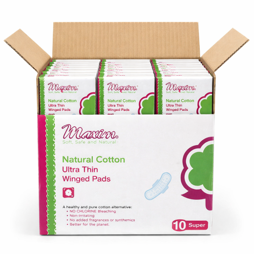 Maxim Hygiene Natural Cotton Ultra Thin Winged Pads (10 Super) box featuring chlorine-free, non-irritating, fragrance-free cotton pad design on clean white packaging.