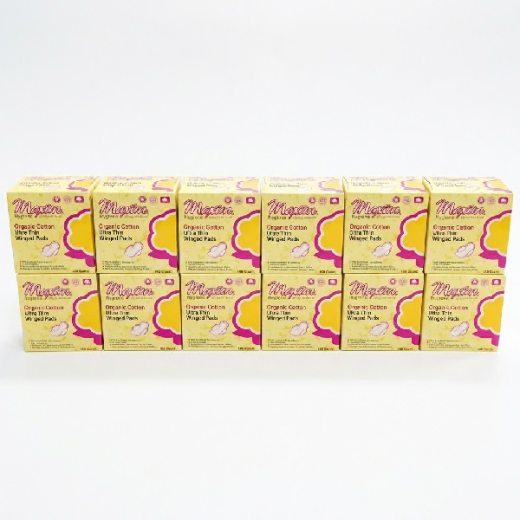 Bulk case of Maxim Organic Cotton Ultra Thin Winged Pads featuring 12 boxes (14-count each) for a total 168-count bulk purchase.