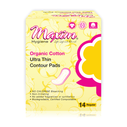Front view of Maxim Hygiene organic cotton ultra thin contour pads box in yellow packaging, highlighting chlorine-free, non-irritating, fragrance-free claims and “14 regular” count.