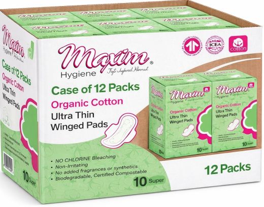 Maxim Hygiene organic cotton ultra thin winged pads (10 super) in green box packaging, featuring chlorine-free, non-irritating protection with no added fragrances or synthetics, biodegradable and certified compostable.