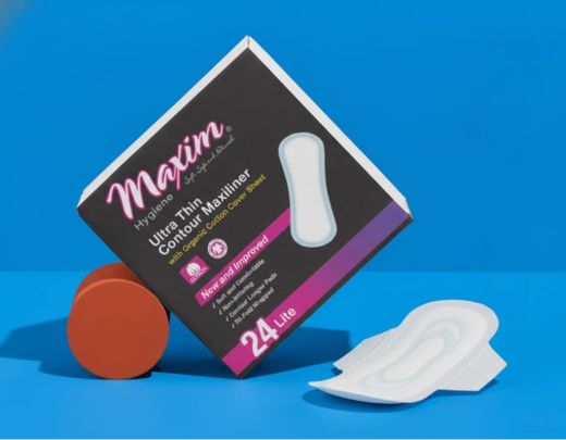 Maxim Hygiene MaxION ultra thin contour maxiliners box with organic cotton cover sheet and natural silver ion technology, 24 lite count, purple packaging.