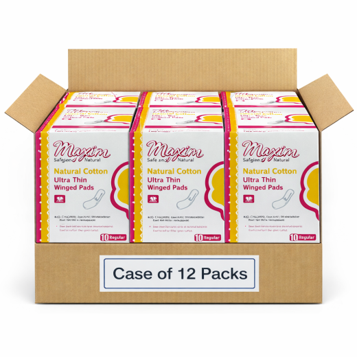 Maxim® Natural Cotton Ultra Thin Winged Sanitary Pads, Daytime/Regular, 120 Count, Case of 12 Packs