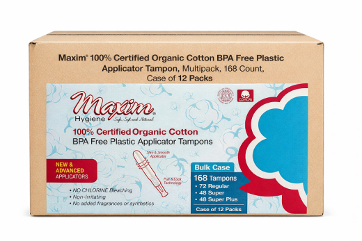 Maxim 100% certified organic cotton BPA-free plastic applicator tampons bulk case (168 count) multipack box with blue label, new & advanced applicators, chlorine-free and non-irritating.