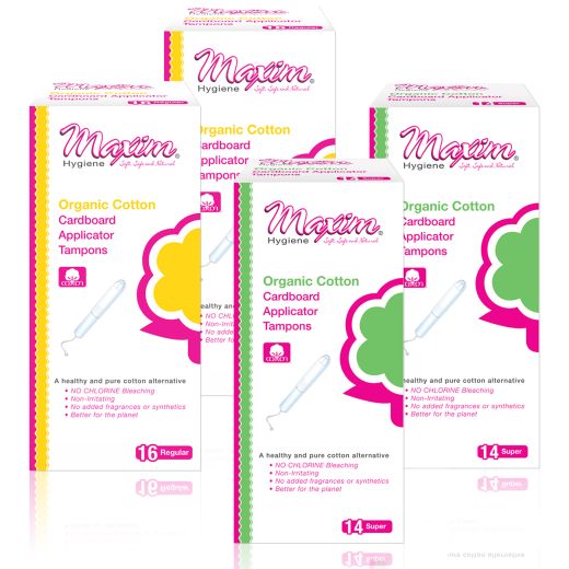 Maxim organic cotton cardboard applicator tampons packaging lineup, showing regular and super absorbency boxes with chlorine-free, non-irritating, fragrance-free cotton tampons.