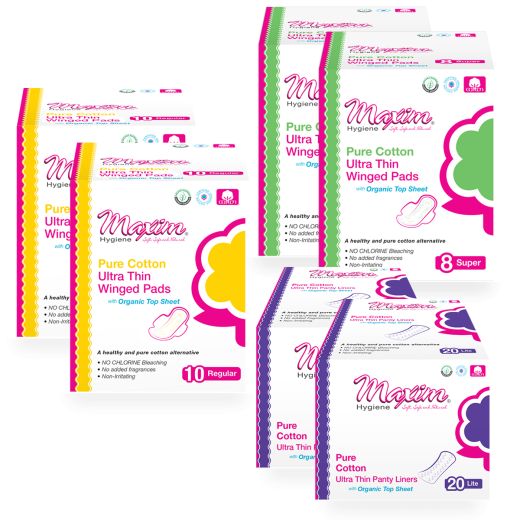 Maxim pure cotton ultra thin product bundle showing winged pads (10 regular and 8 super) plus ultra thin panty liners (20 lite) with organic top sheet, displayed as multiple packs on white.