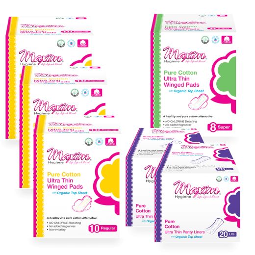 Maxim pure cotton ultra thin feminine care assortment featuring winged pads (10 regular, 8 super) and ultra thin panty liners (20 lite) with organic top sheet, shown as multiple boxes on white background.