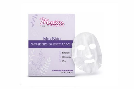 MaxSkin Genesis Sheet Mask box with unfolded white facial sheet mask, exfoliating and moisturizing skincare treatment, 5 individually wrapped masks.