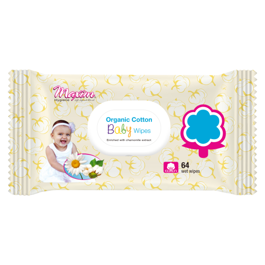 Pack of Maxim Organic Cotton Baby Wipes with a yellow cotton-pattern design, a baby photo on the left, a blue flower graphic on the right, and a flip-top lid labeled ‘Organic Cotton Baby Wipes’ (64 wipes).