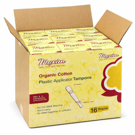 Front of a Maxim Hygiene box labeled ‘Organic Cotton Plastic Applicator Tampons’ with a yellow floral background, a red ‘new & advanced applicators’ badge, a diagram of the applicator, and ‘16 Regular’ in the bottom right.