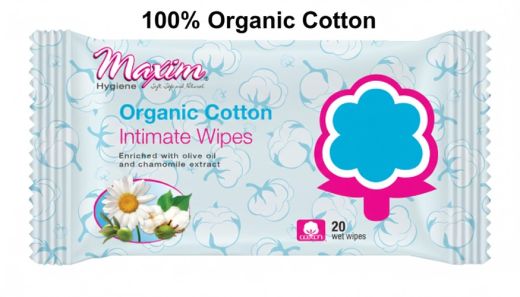 Front of a Maxim Organic Cotton Intimate Wipes packet with a blue cotton-pattern background, ‘100% Organic Cotton’ headline, flower-and-cotton illustration, and ‘20 wet wipes’ label.