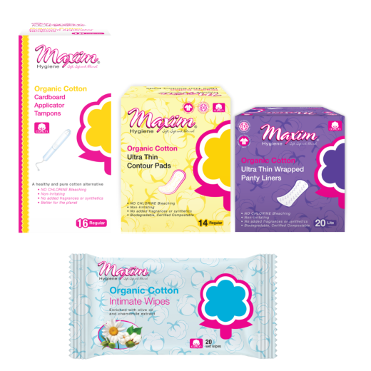 Organic Cardboard Applicator Tampons, Pads/Liners, Wipes, Combo