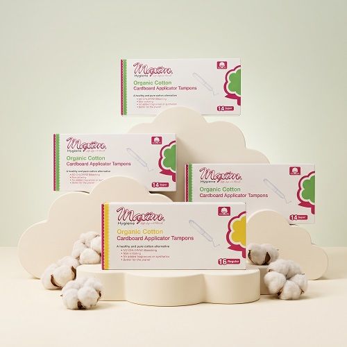 Maxim organic cotton cardboard applicator tampons packaging lineup, showing regular and super absorbency boxes with chlorine-free, non-irritating, fragrance-free cotton tampons.