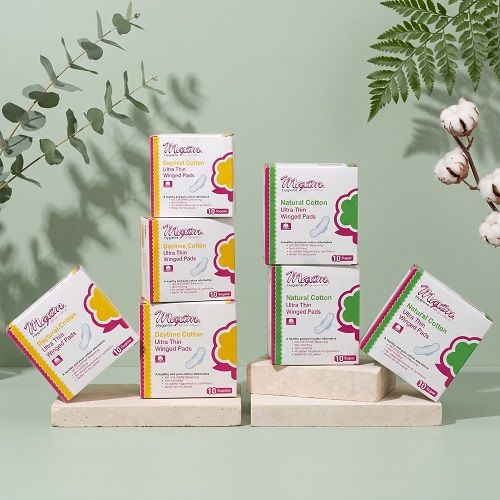 Maxim pure cotton ultra thin winged pads and panty liners product range, featuring organic top sheet options in regular and super pads plus lite panty liners.