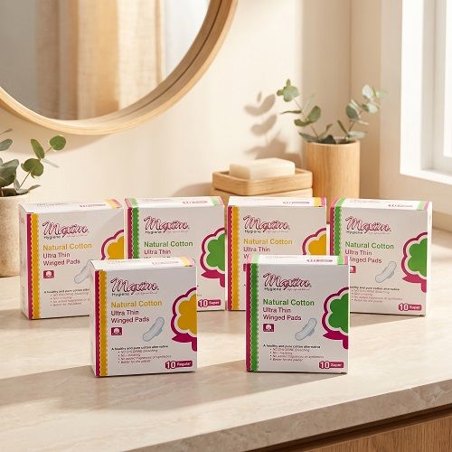 Maxim pure cotton ultra thin winged pads and panty liners product range, featuring organic top sheet options in regular and super pads plus lite panty liners.