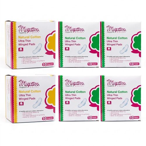 Maxim pure cotton ultra thin winged pads and panty liners product range, featuring organic top sheet options in regular and super pads plus lite panty liners.
