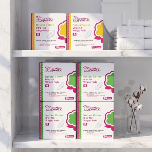 Maxim pure cotton ultra thin winged pads and panty liners product range, featuring organic top sheet options in regular and super pads plus lite panty liners.