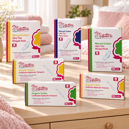 Maxim Hygiene organic cotton period care range—cardboard applicator tampons, pure cotton ultra-thin winged pads, and panty liners with organic top sheet in multiple absorbencies.