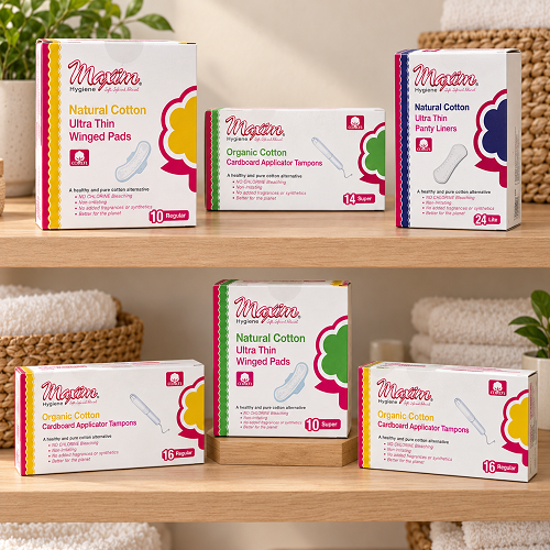 Maxim Hygiene organic cotton period care range—cardboard applicator tampons, pure cotton ultra-thin winged pads, and panty liners with organic top sheet in multiple absorbencies.