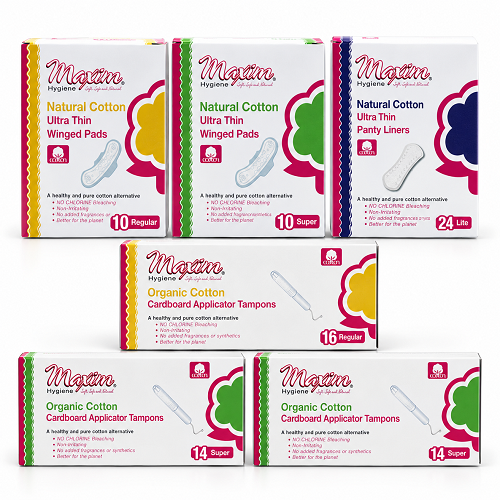 Maxim organic cotton feminine care product lineup featuring cardboard applicator tampons (regular and super), pure cotton ultra thin winged pads (regular and super), and ultra thin panty liners (20 lite) on white background.
