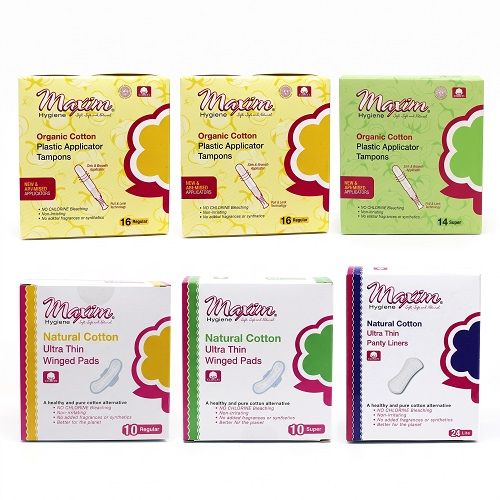 Maxim organic cotton period care collection featuring plastic applicator tampons (16 regular, 14 super), pure cotton ultra thin winged pads (10 regular, 8 super), and ultra thin panty liners (20 lite) on white background.