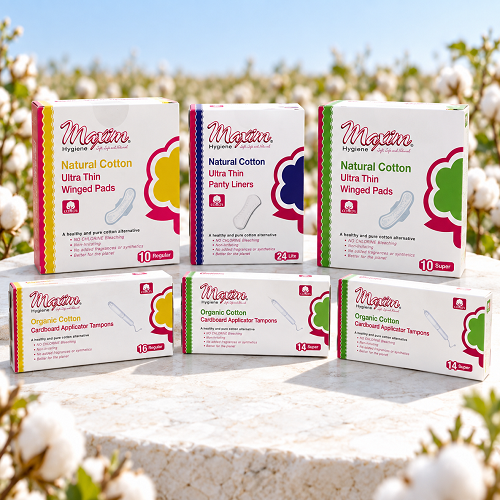 Maxim organic cotton feminine care assortment featuring plastic applicator tampons (16 regular, 14 super), pure cotton ultra thin winged pads (10 regular, 8 super), and ultra thin panty liners (20 lite) displayed on white background.