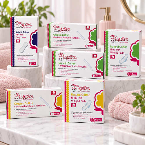 Maxim organic cotton feminine care assortment featuring plastic applicator tampons (16 regular, 14 super), pure cotton ultra thin winged pads (10 regular, 8 super), and ultra thin panty liners (20 lite) displayed on white background.