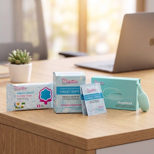 Flat lay on a textured green surface: a large pack of ‘Maxim’ organic cotton intimate wipes at the top, three small ‘Maxim’ antibacterial disinfecting hand wipes sachets fanned out below on the left, and a mint-green curved device on the right.