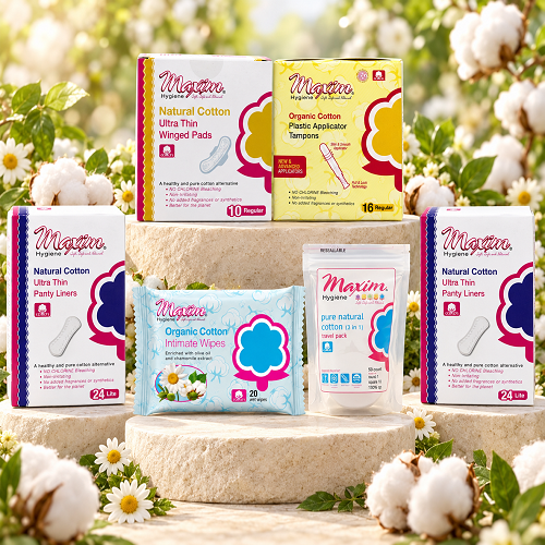 Maxim natural cotton hygiene assortment with ultra thin winged pads, panty liners (24 lite), organic cotton plastic applicator tampons (16 regular), 3-in-1 travel cotton pack, and organic cotton intimate wipes (20), displayed together.