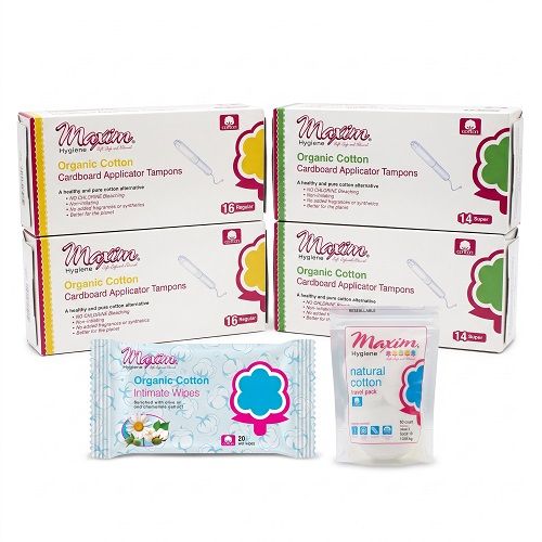 Maxim® Cardboard Applicator Tampons, Reg/32, Sup/28, Intimate Wipes, Travel Pack, 130ct, 6 Packs