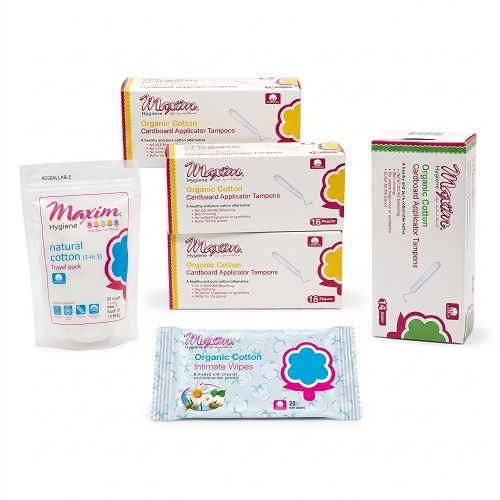 Maxim® Cardboard Applicator Tampons, Reg/48, Sup/14, Intimate Wipes, Travel Pack