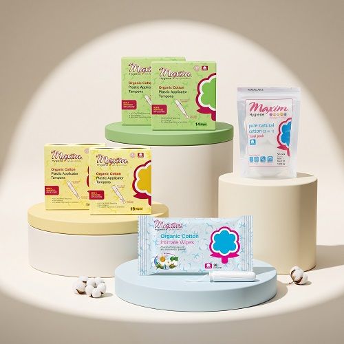Maxim® Organic Cotton Plastic Applicator Tampons, Reg/Sup, Intimate Wipes, Travel Pack, Combo