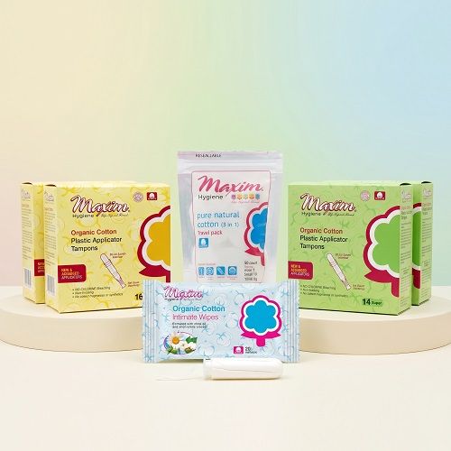 Maxim® Organic Cotton Plastic Applicator Tampons, Reg/Sup, Intimate Wipes, Travel Pack, Combo