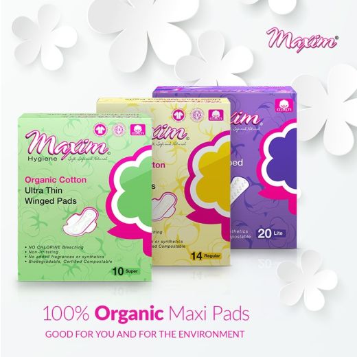 Maxim Hygiene 100% organic maxi pads product lineup showing ultra thin winged pads in regular, super, and lite boxes, promoting organic cotton period protection good for you and the environment.