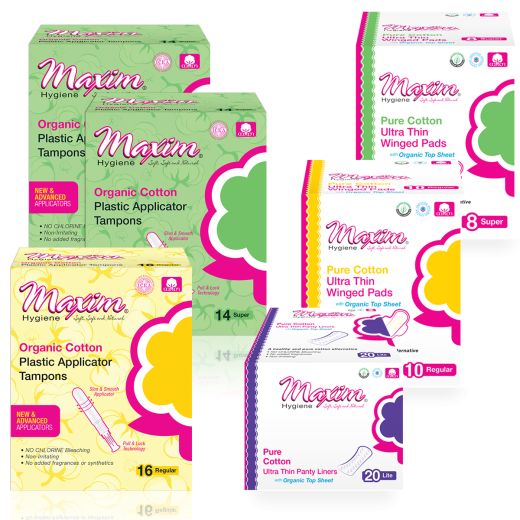 Maxim organic cotton feminine care assortment featuring plastic applicator tampons (16 regular, 14 super), pure cotton ultra thin winged pads (10 regular, 8 super), and ultra thin panty liners (20 lite) displayed on white background.